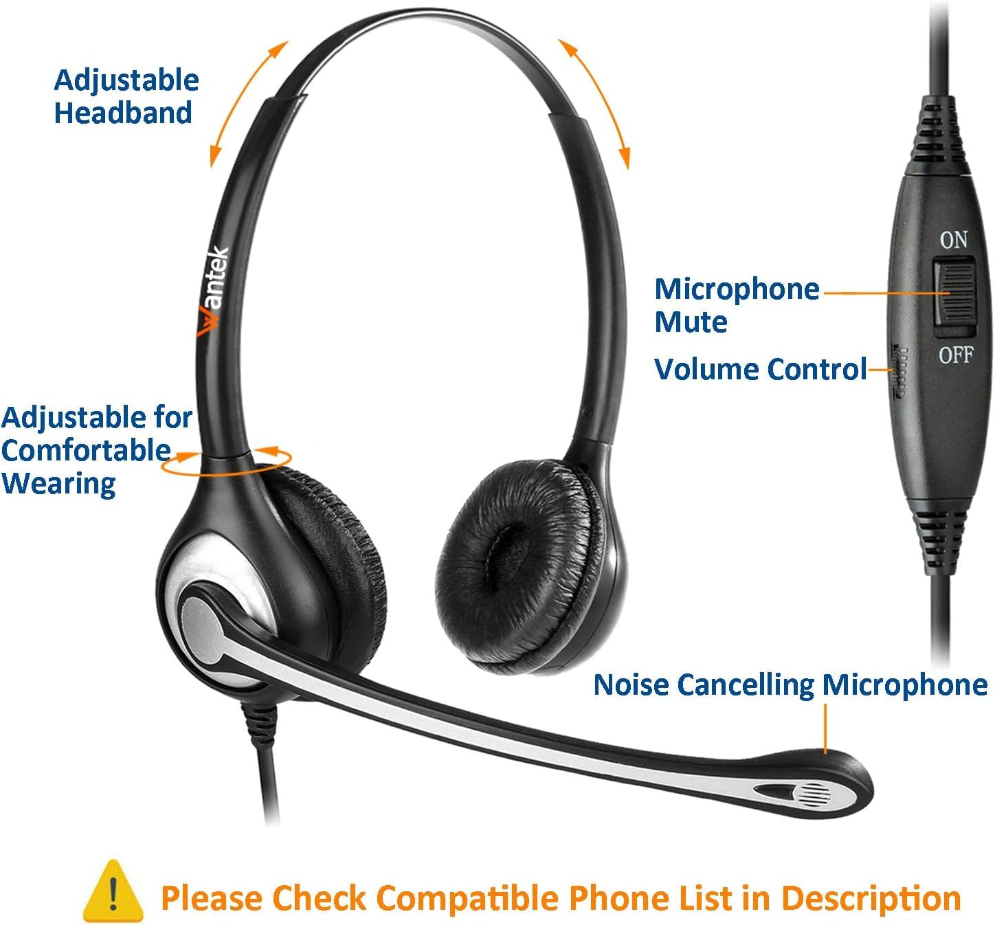 Wantek Phone Headset 2.5Mm With Noise Canceling Mic & Volume Control Ultra Comfort Telephone Headset For Panasonic At&T Gigaset